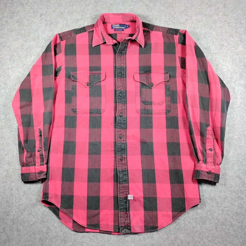 Vintage Polo Ralph Lauren Mens M Red Black Buffalo Plaid Flannel Button Shirt